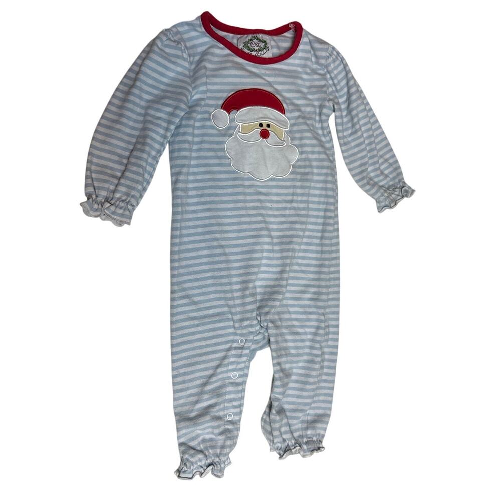 C&S Charlotte 12M Baby Christmas Romper‎ Blue Stripe Santa Applique EUC